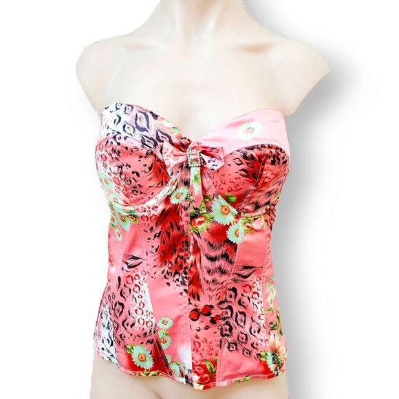 Pink corset top AU 12 green floral + black animal print Bow with diamonte buckle - Picture 4 of 6